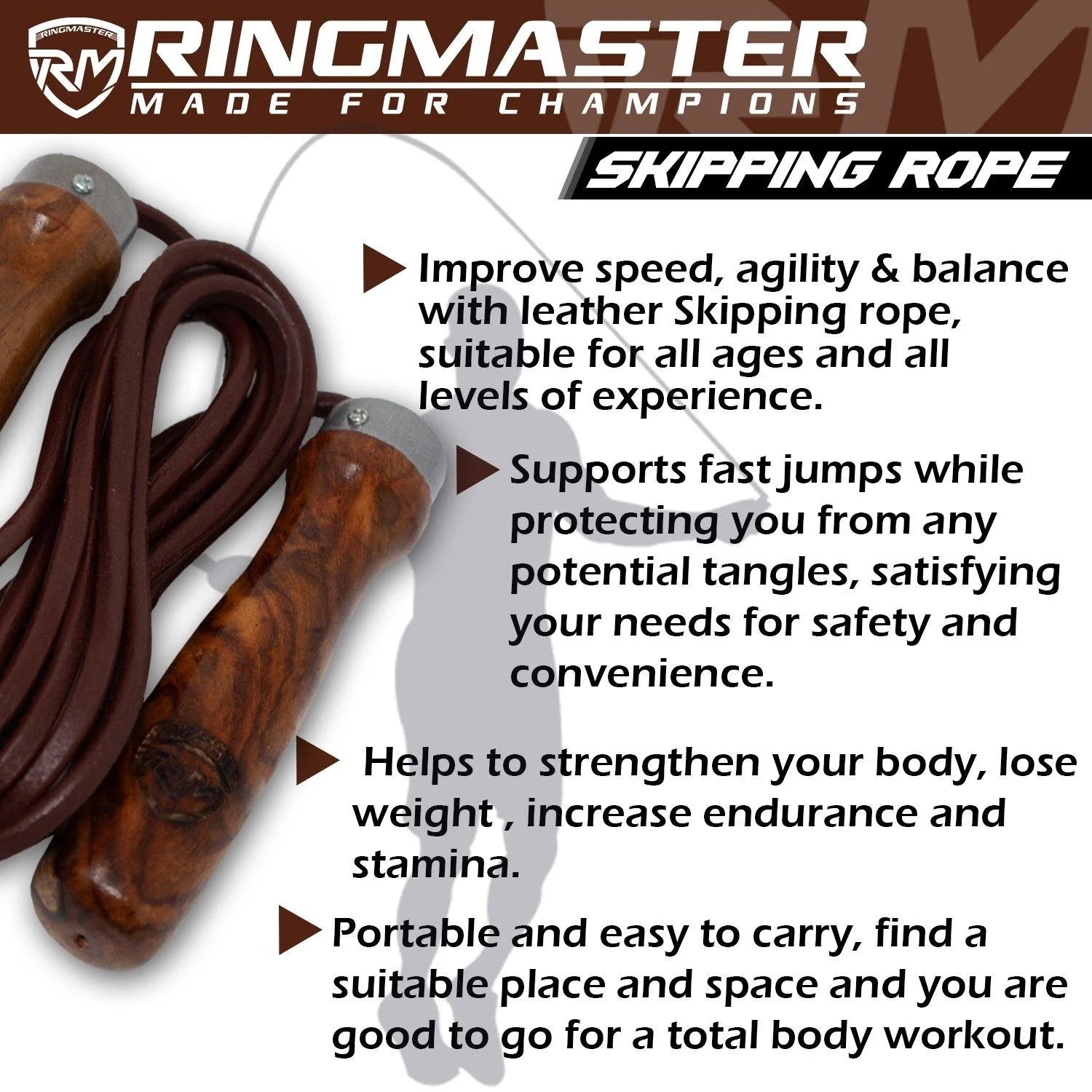 RingMaster Sports Wooden Handle Leather Skipping Rope