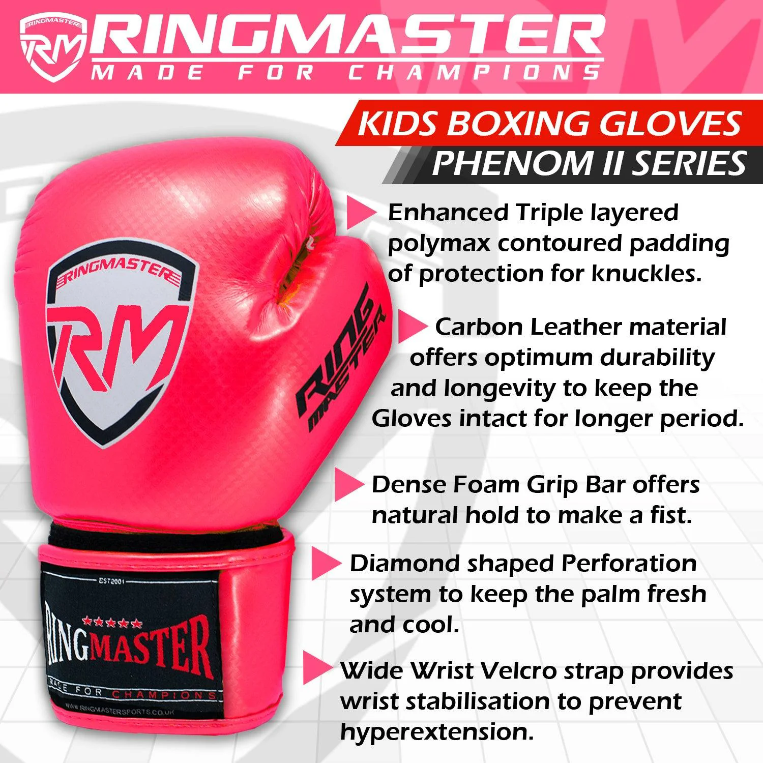 RingMaster Sports - Phenom Kids Boxing Gloves CarbonTech Hot Pink
