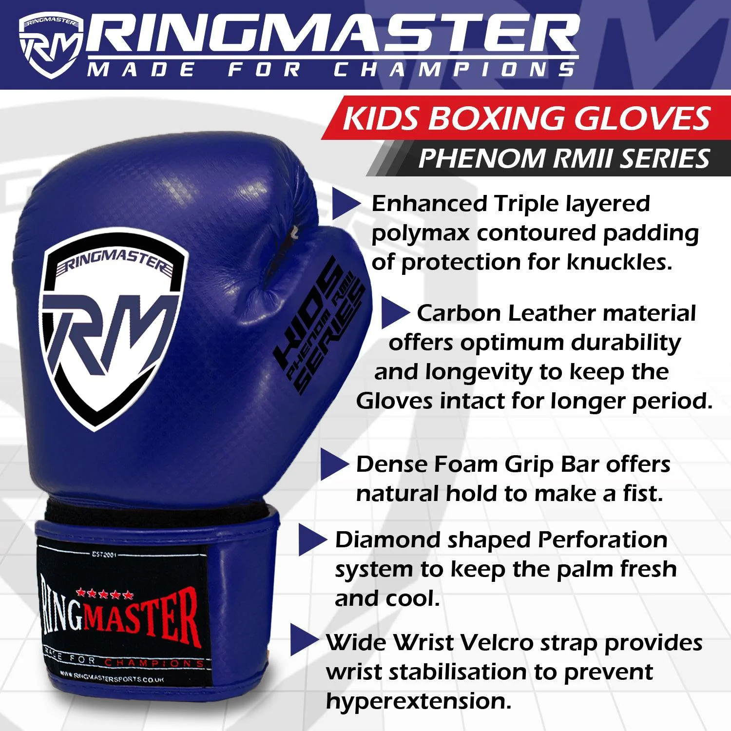 RingMaster Sports - Phenom Kids Boxing Gloves CarbonTech Blue