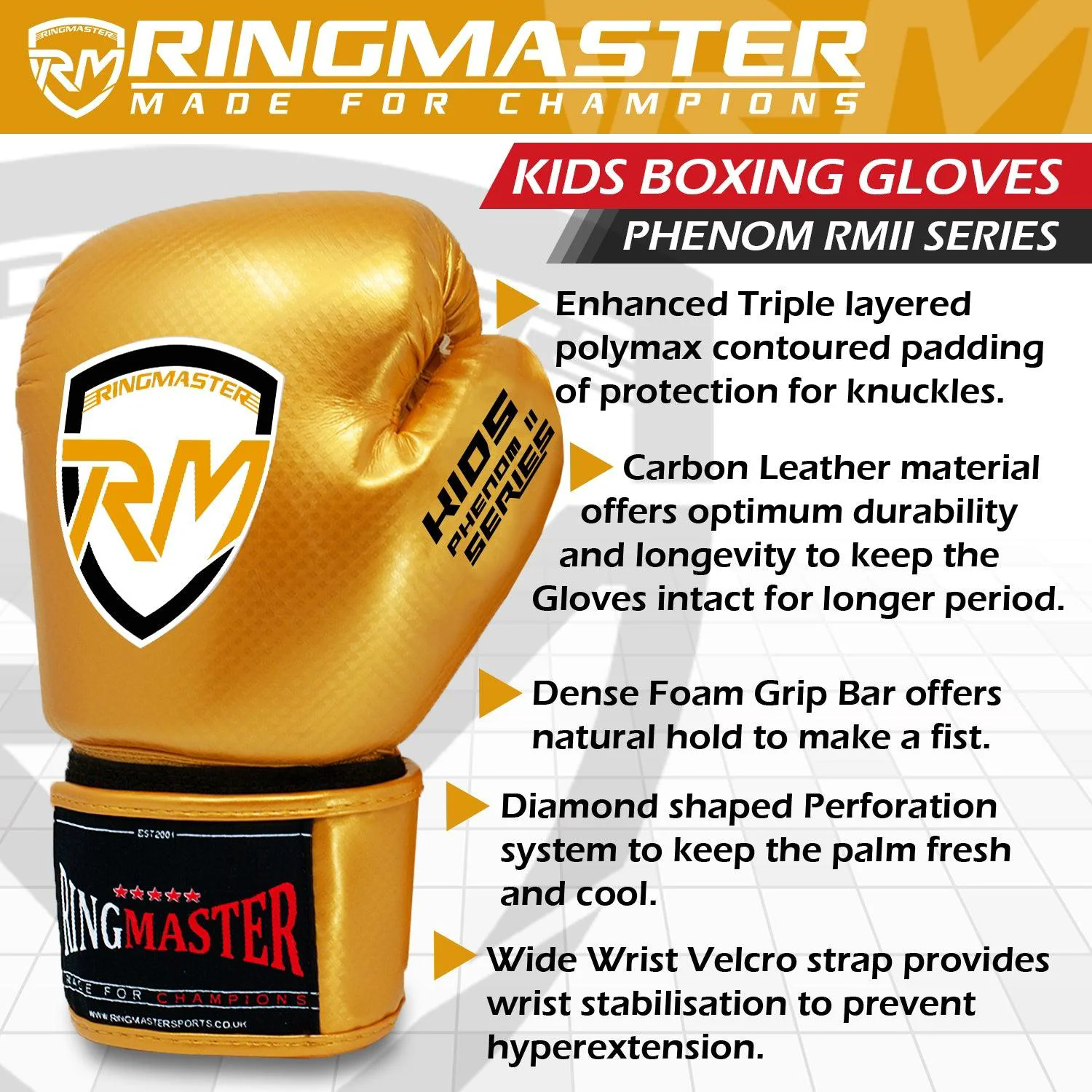 RingMaster Sports - Phenom Kids Boxing Gloves CarbonTech Gold