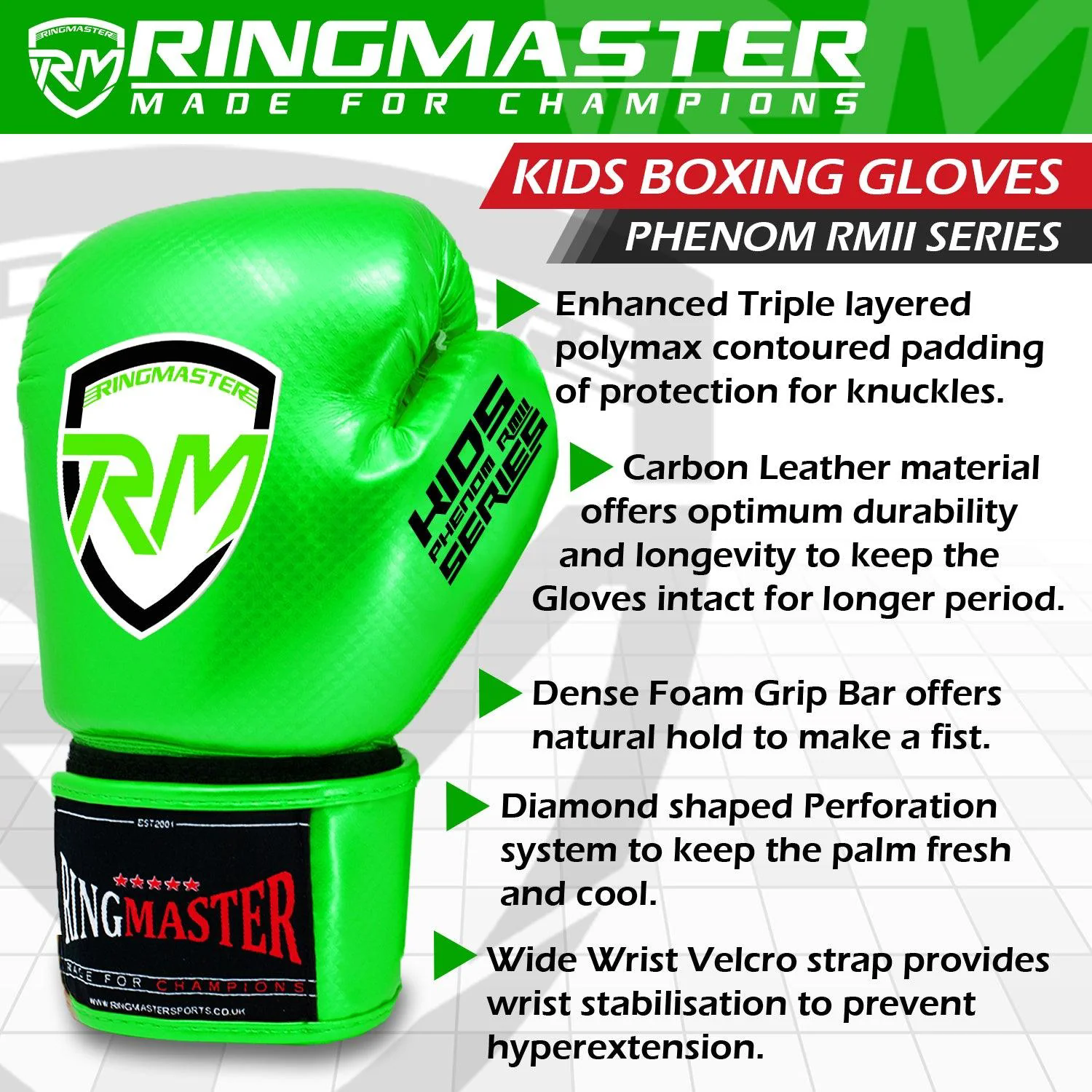 RingMaster Sports - Phenom Kids Boxing Gloves CarbonTech Green