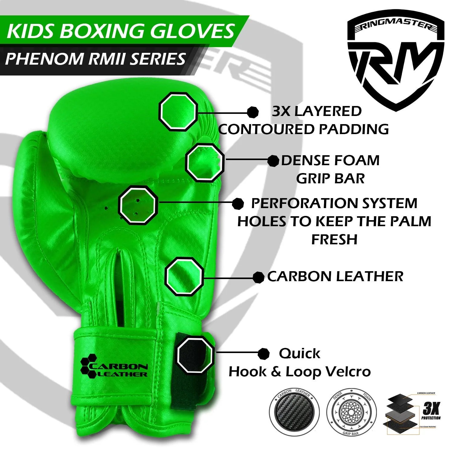 RingMaster Sports - Phenom Kids Boxing Gloves CarbonTech Green