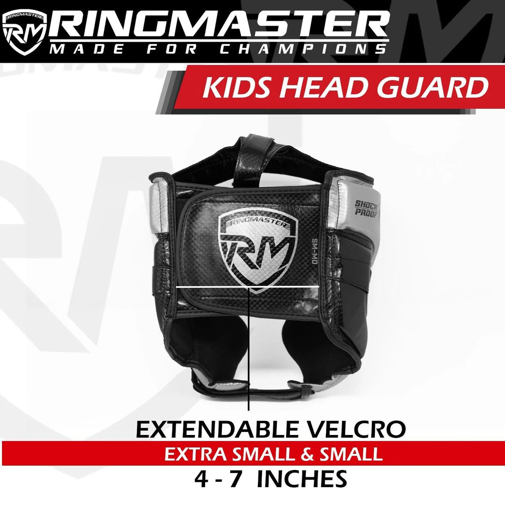 RingMaster Sports Kids Boxing HeadGuard Synthetic Leather Silver and Black