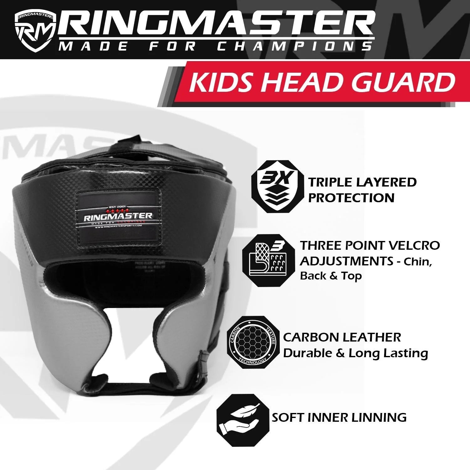 RingMaster Sports Kids Boxing HeadGuard Synthetic Leather Silver and Black